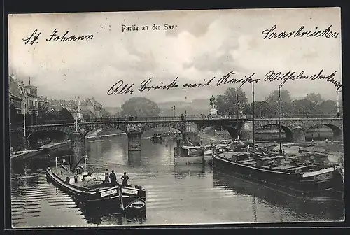 AK Saarbrücken-St. Johann, Saarpartie mit Brücke