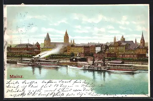 Lithographie Mainz, Uferpartie mit Kirche und Dampfern