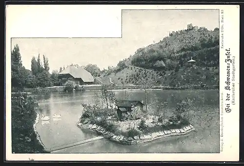 AK Karlsruhe, Partie im Stadtgarten bei der Schwanen-Insel