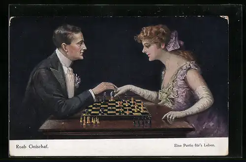 Künstler-AK Ruab Gnischaf: Schachspiel, elegantes Paar spielt Schach, Chess