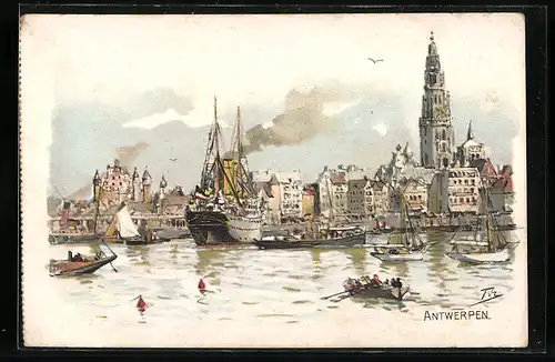 Künstler-AK Themistokles von Eckenbrecher: Antwerpen, Blick vom Wasser auf Dampfer, Segelboote, Kirchturm und Häuser