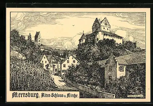 Künstler-AK Eugen Felle: Meersburg, altes Schloss und Kirche