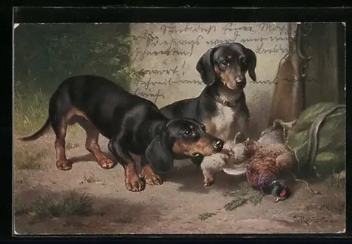 Künstler-AK Carl Reichert: zwei Dackel mit Wildvögel als Beute