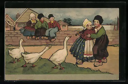 Künstler-AK Ethel Parkinson: Kinder in holländischer Tracht fürchten sich vor Gänsen