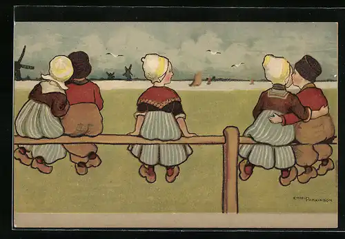 Künstler-AK Ethel Parkinson: niederländische Kinder in Tracht auf Zaun
