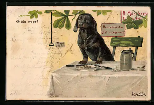 Künstler-AK Alfred Mailick: Ob ich`s wage?, ein Dackel steht auf dem Tisch über dem Teller