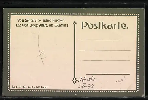 Künstler-AK sign. E. Hodel: Vom Gotthard hei ziehend Kanonier