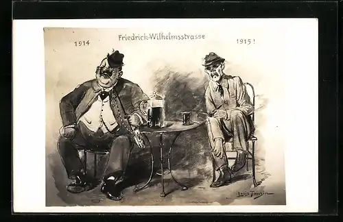 Künstler-AK Louis Tauzin: Friedrich-Wilhelmstrasse, Dicker Kneipengast 1914 und 1915 im abgemagerten Zustand