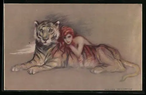 Künstler-AK A. Zandrino, rothaarige Frau liegt auf dem Rücken eines Tigers