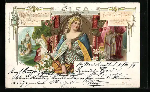 Künstler-Lithographie Franz Stassen: Elsa, Portrait einer Dame und Noten