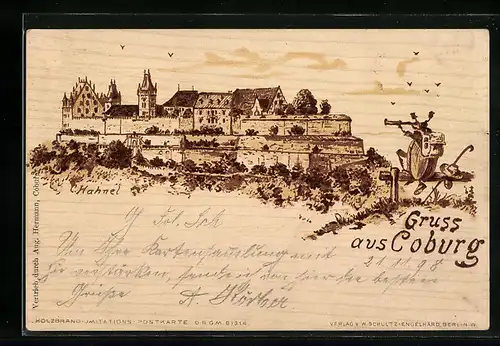 Holzbrand-Imitations-Lithographie Coburg, vermenschlichter Maikäfer guckt durch ein Fernrohr zur Festung