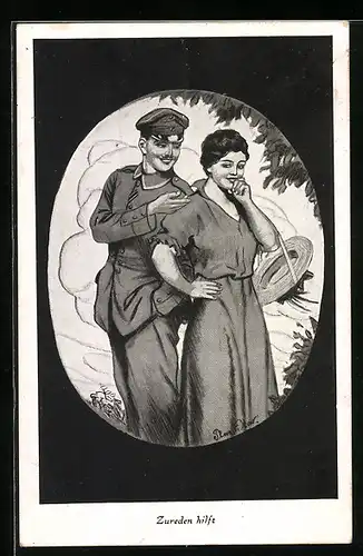 Künstler-AK Plantikow: Soldat redet einer Frau zu