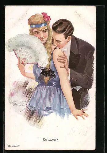 Künstler-AK Plantikow: Mann umwirbt die junge Frau mit dem Fächer
