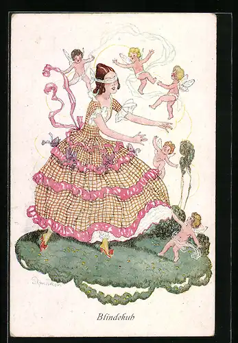 Künstler-AK Plantikow: Junge Frau spielt mit Putten Blinde Kuh