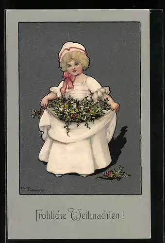 Künstler-AK Ethel Parkinson: Mädchen im weissen Kleid mit Mistelzweigen