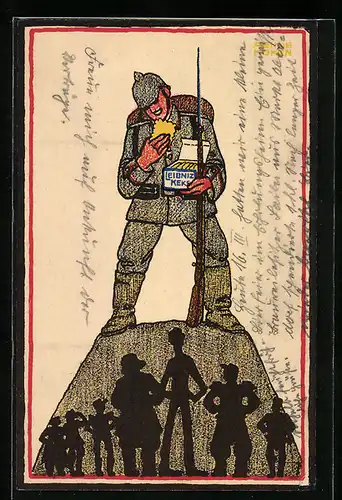 Künstler-AK sign. Aenne Koken: Soldat isst einen Leibniz-Keks