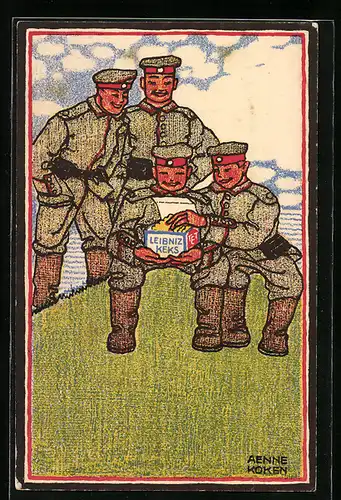 Künstler-AK sign. Aenne Koken: Soldaten mit einer Packung Leibniz-Keksen