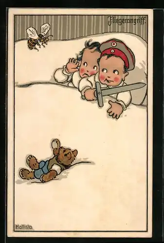 Künstler-AK Kallista: Fliegerangriff, Kind mit Uniformmütze fürchtet sich vor einer Wespe