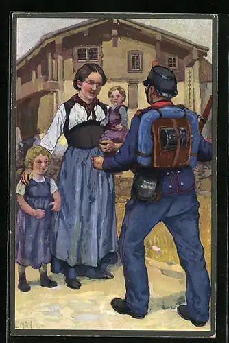 Künstler-AK sign. E. Hodel: De Freide Deheime, de Friede im Land..., Soldatenheimkehr