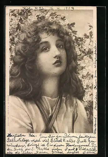 Künstler-AK Henry Ryland: Junge Mädchen vor einem blühendem Strauch