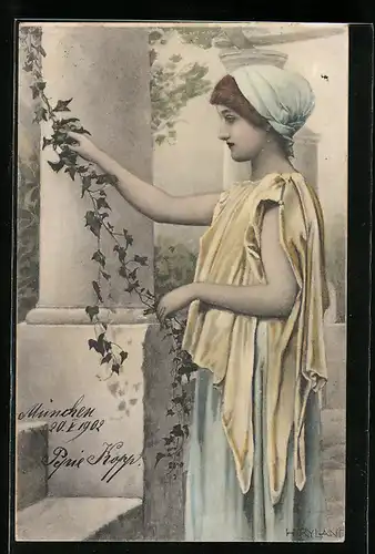 Künstler-AK Henry Ryland: Junge Frau an einer Säule mit Efeu