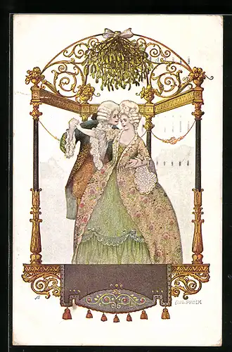 Künstler-AK August Patek: Rokokopaar unter Mistelzweig, Ball, Barock
