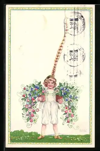 Künstler-AK August Patek: Kleiner Junge mit Blumen