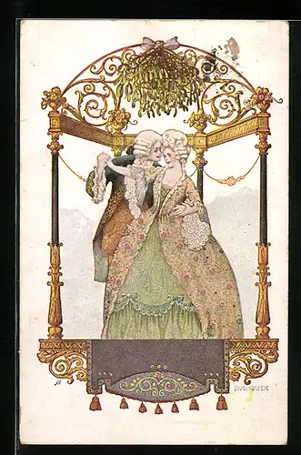 Künstler-AK August Patek: Rokokopaar unter Mistelzweig, Ball, Barock