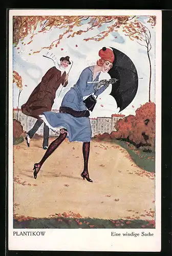 Künstler-AK Plantikow: Dame mit Schirm geht im Herbststurm spazieren, Eine windige Sache