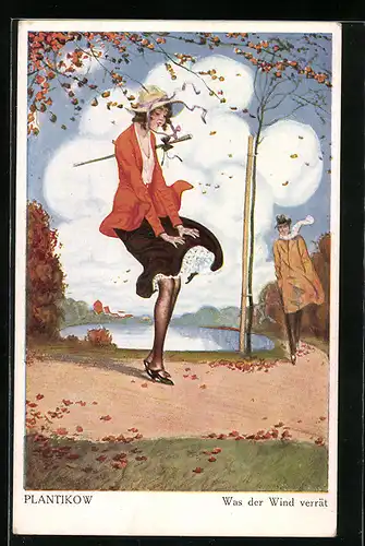 Künstler-AK Plantikow: was der Wind verrät, Herbstwind weht einer Frau den Rock hoch