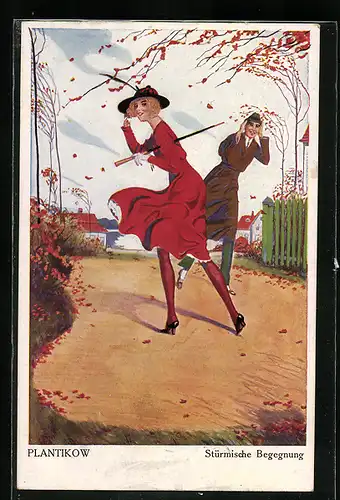 Künstler-AK Plantikow: junge Frau im roten Kleid mit Schirm im Herbst