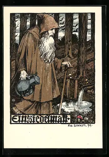 Künstler-AK Rudolf Schiestl: Einsiedelmann, beim Wasserholen an der Quelle
