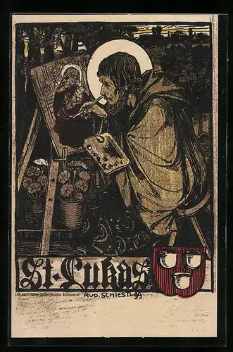 Künstler-AK Rudolf Schiestl: St. Lukas malt die Maria mit Jesuskind