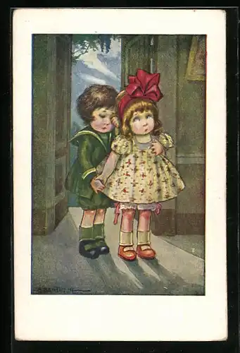 Künstler-AK A. Bertiglia: Kinderpaar an der Tür