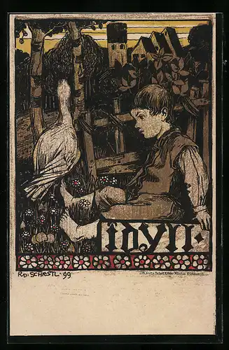 Künstler-AK Rudolf Schiestl: Idyll, Knabe und Gans