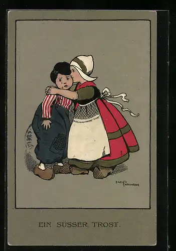 Künstler-AK Ethel Parkinson: Kleines holländisches Mädchen tröstet weinenden Jungen