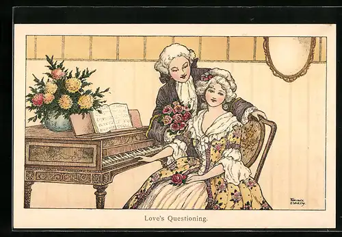 Künstler-AK Florence Hardy: Love`s Questioning, Paar am Klarinett, 18. Jahrhundert