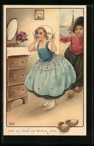 Künstler-AK Florence Hardy: Knabe besucht seine holde Schönheit, Holländische Tracht