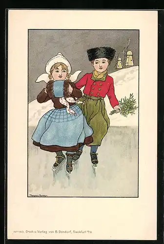 Künstler-AK Florence Hardy: Paar beim Eislaufen vor Windmühlen