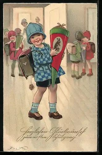 Künstler-AK F.Baumgarten: Jungen mit Ranzen und Schultüte