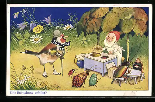 Künstler-AK F.Baumgarten: Zwerg verkauft an Vogel & verschiedene Insekten Erfrischungen