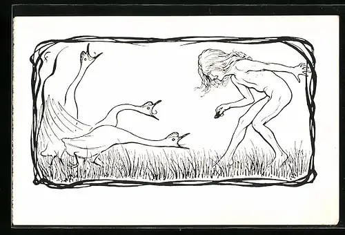 Künstler-AK Fidus: junges Mädchen füttert die Gänse, Jugend-Postkarte