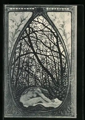 Künstler-AK Fidus: Dämmerwellen, Nackte im Herbstwald