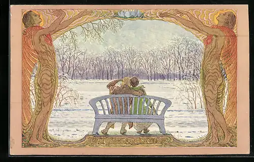 Künstler-AK Fidus: Lenzweben, Paar sitzt auf Bank und schaut auf verschneite Landschaft