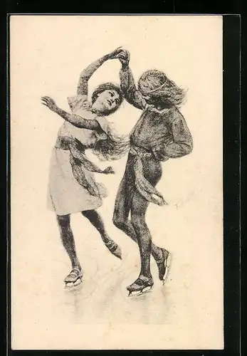 Künstler-AK Fidus: Mädchen und Junge auf dem Eis, Schlittschuhläufer