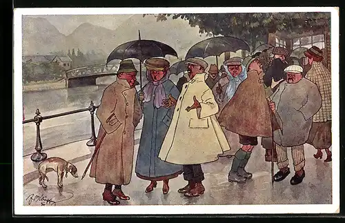 Künstler-AK Fritz Schönpflug: Leute auf einem Spaziergang im Regen entlang einer Uferpromenade