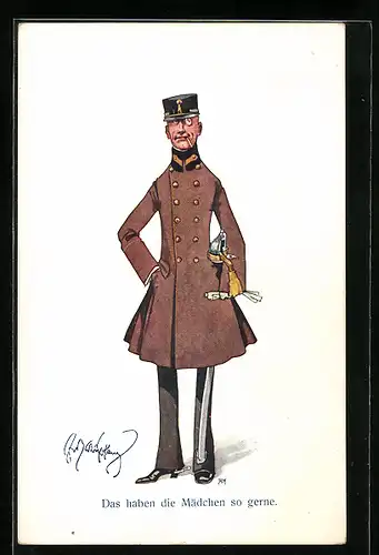 Künstler-AK Fritz Schönpflug: schlanker Soldat mit Monokel und Zigarette