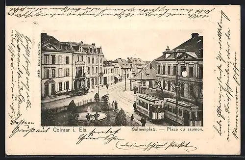 AK Colmar i. Els, Salmenplatz mit Strassenbahn