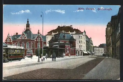 AK Mähr. Ostrau, Strassenbahn an der Reichsstrasse