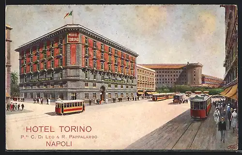 Künstler-AK Napoli, Hotel Torino und Strassenbahn